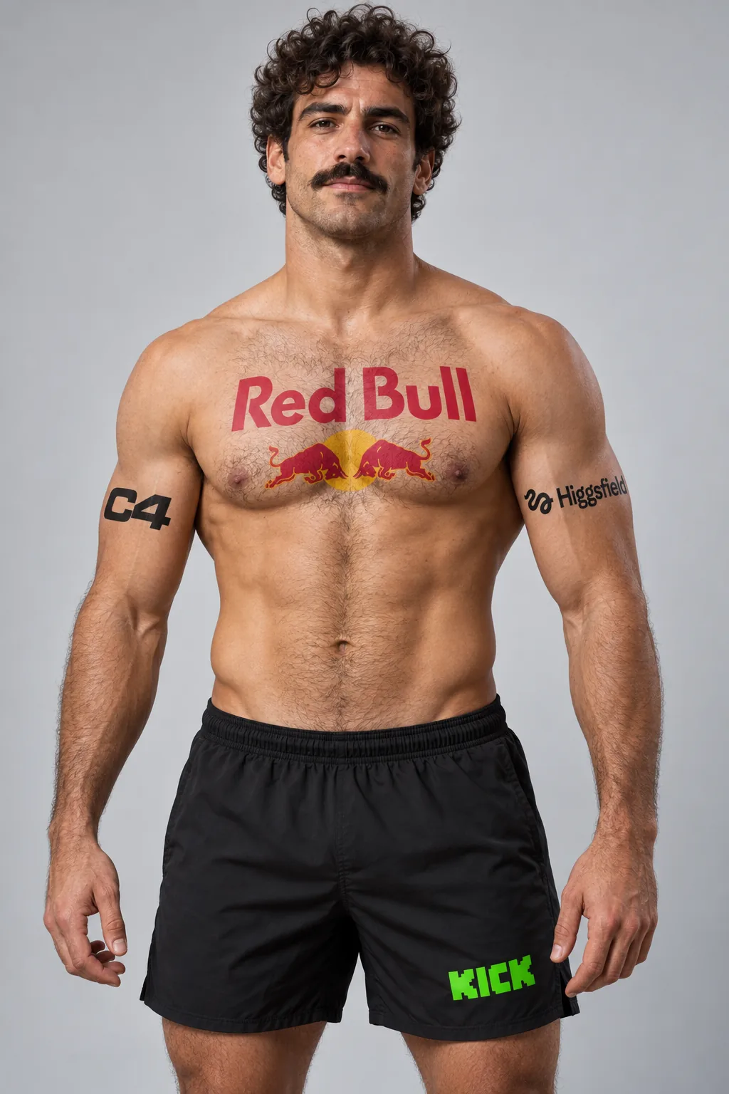 Luka Marin standing shirtless with sponsor logos as temporary tattoos on his chest and arms and a print on his shorts
