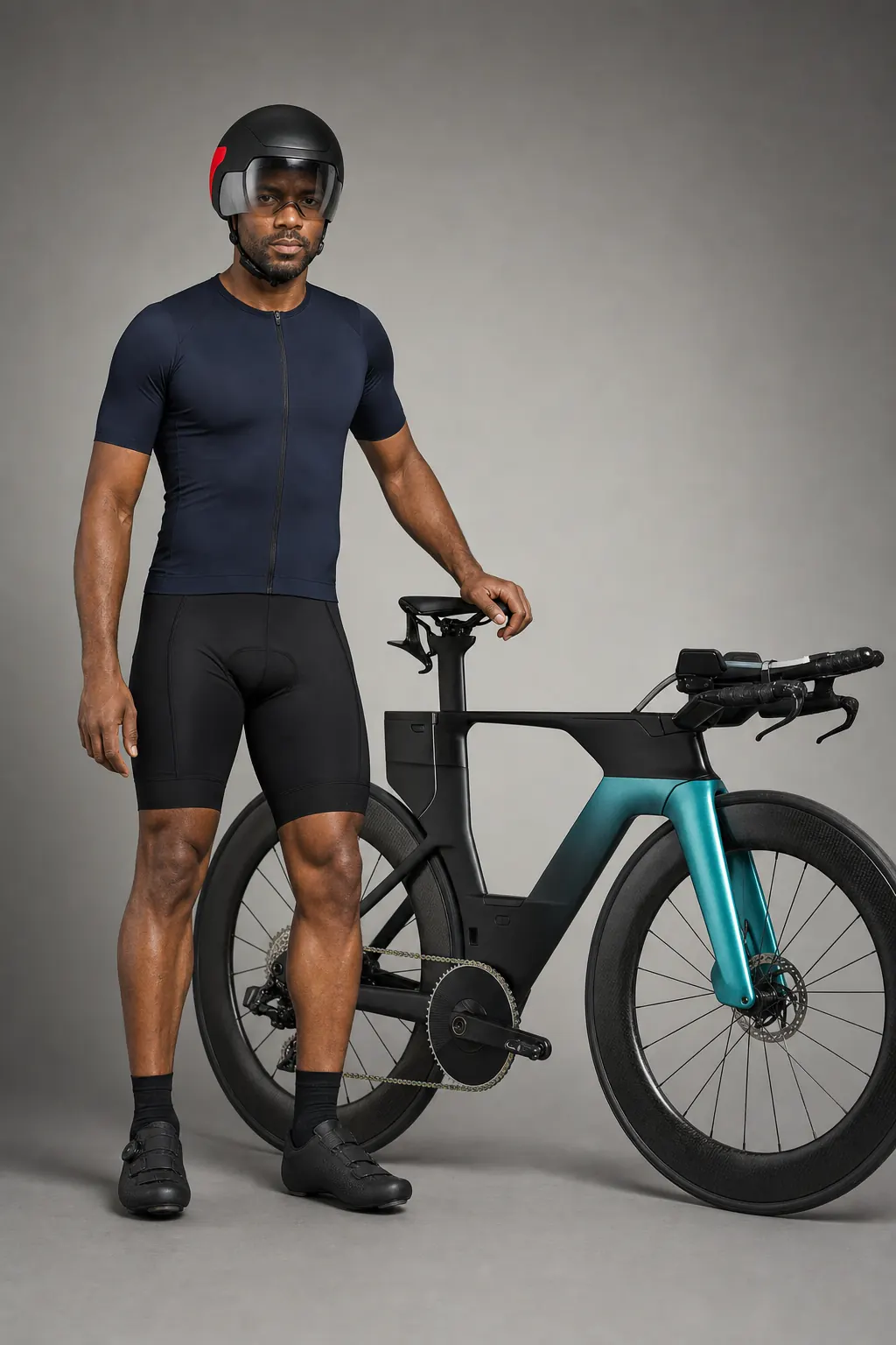 Road cyclist in a plain navy jersey and black helmet standing next to a time-trial bike, used to preview a brand logo on the arm, jersey, helmet or bike frame